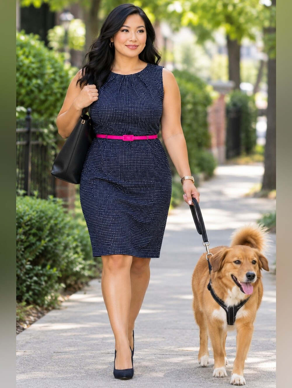Chaps Sleeveless Navy Blue Polka Dot Sheath Dress 12 High Neck Pink Skinny Belt